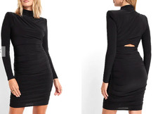 EXPRESS Black Ruched Cutout Back Mini Dress Mock Neck Stretch Bodycon XS NWT