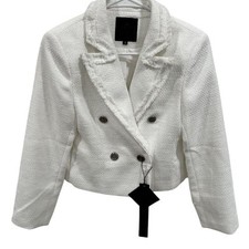 Mina Self Women's Tweed Blazer Short Jacket White Gold Double-Breasted Size S