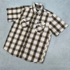 Dixxon Shirt Mens Large Brown Plaid Button Snap Dodge City Bamboo Blend