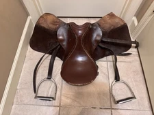 Vintage English Leather Horse Saddle 17” Seat with Sta-Brite Metal Stirrups