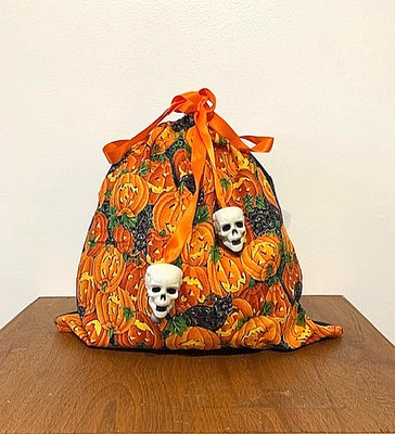 Hand Sewn Halloween Jack-O-Lantern & Black Cat Drawstring Treat/Gift Bag