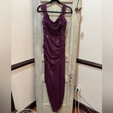 Purple Sequin Floor Length train Formal Gown. Size Small high slit
