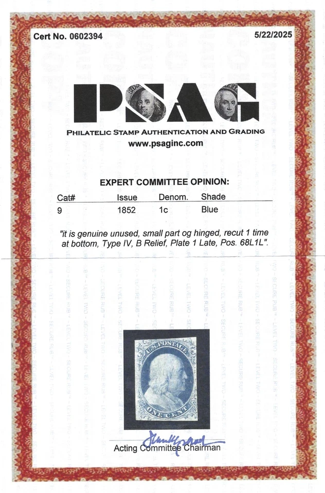 EAS_STAMPS US #9 MOG SMALL PART OG HINGED CERTIFIED SCV $725.00 - Image 2 of 2