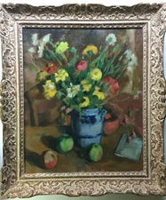 Signed André CHARIGNY Post-Impressionist Still Life Oil Painting Flowers & Apple