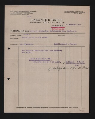 Hamburg, invoice 1925, Labonté & Grieff Edam cheese