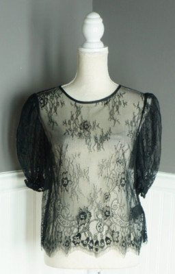 NWT Divided H&M Women's Full Lace Cropped Top Short Puff Sleeve Small Black