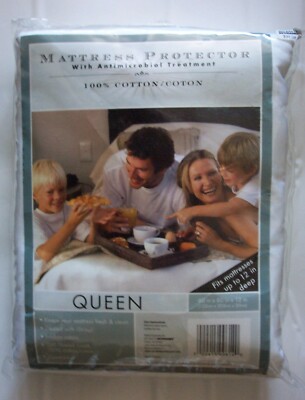 BED BATH & BEYOND ANTIMICROBIAL MATTRESS PROTECTOR QUEEN 200 THREAD COTTON - NIP