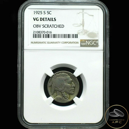 1925-S Buffalo Nickel~NGC VG Details~Better Date~Only 2 this Grade~Partial Horn~