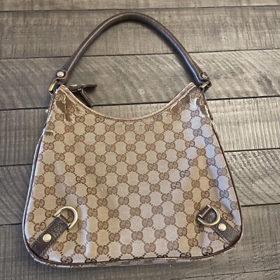 Gucci Abbey Vintage Brown Gold Leather Canvas GG Monogram Shoulder