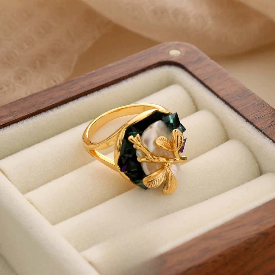 Anillo para mujer ajustable vintage G18k enchapado real esmalte flor perlas hecho a mano Foto 4 de 4