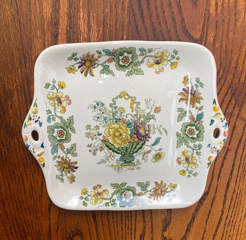 Vintage Serving Tray Platter Signed Mason’s Green Yellow Floral Handle 11” X 9” - Picture 2 of 7