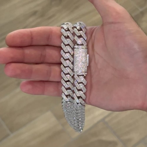 22" 15MM Moissanite Miami Cuban Link Men's Necklace 14K White Gold Plated Silver - Picture 5 of 11