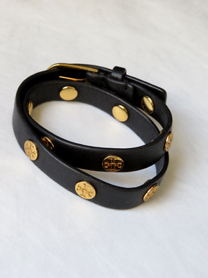 TORY BURCH Double Wrap Black Leather Gold Logo Bracelet | eBay