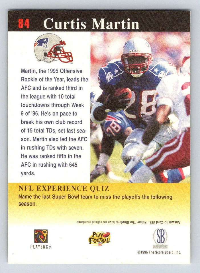 1997 Score Board NFL Experience #84 Curtis Martin (ref 196645) - Image 2 of 2