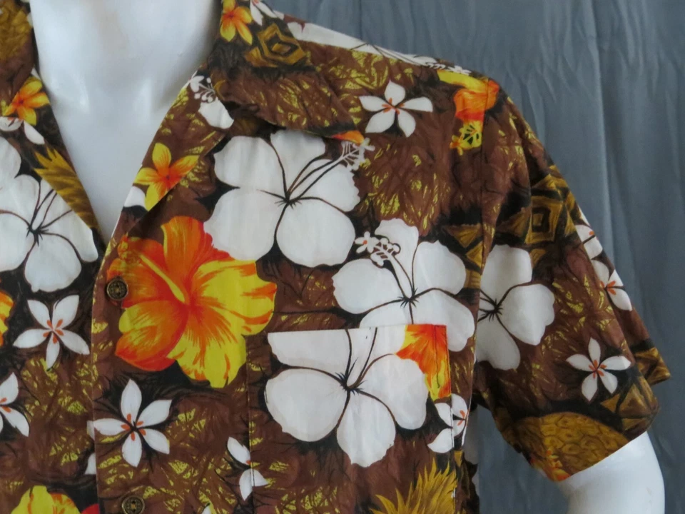 Camisa hawaiana vintage - Flores sobre marrón de Royal Hawaiian - Grande para hombre Foto 2 de 4