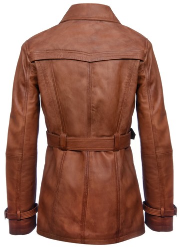 Ladies Leather TRENCH Coat Tan | Mid-Length Coat Classic Leather Jacket - Picture 4 of 7