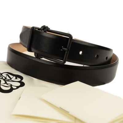 ALEXANDER MCQUEEN Mens Black Graffiti Twin Skull Buckle Leather Belt 95 38 NWT