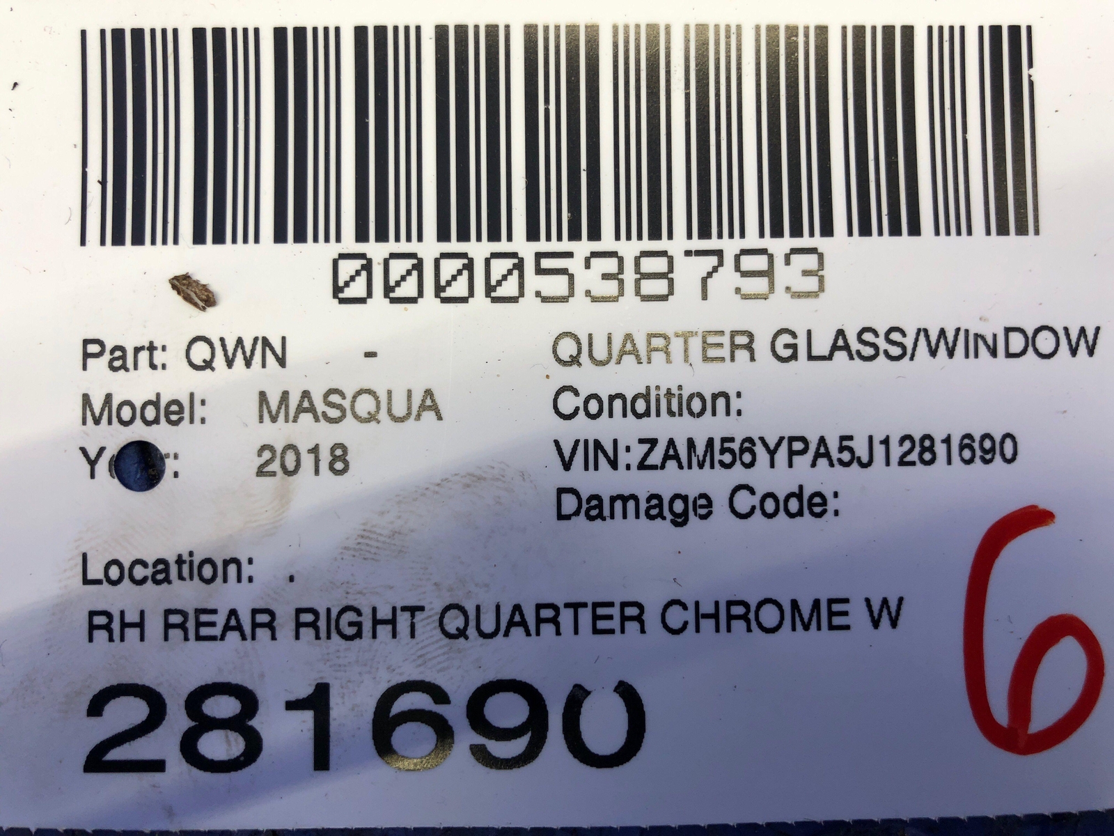 2014-2021 MASERATI QUATTROPORTE OEM REAR RIGHT QUARTER CHROME WINDOW GLASS