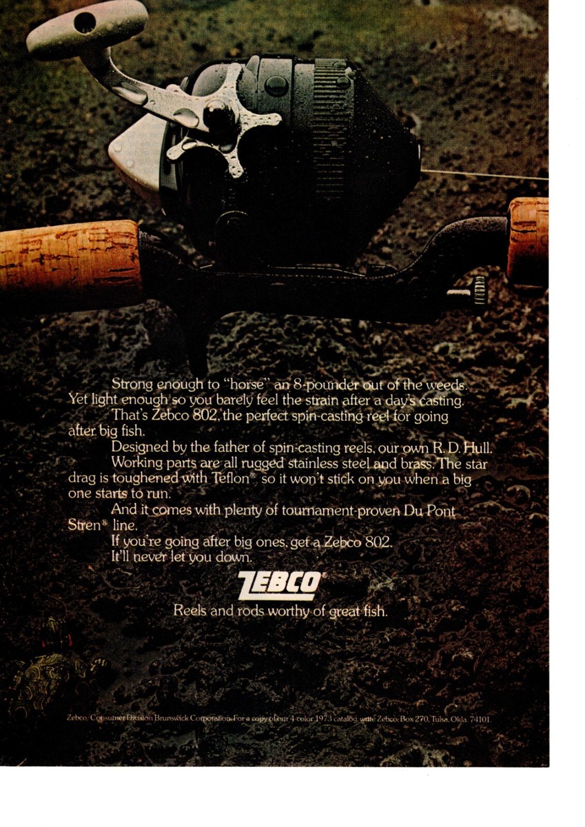 1973 ZEBCO 802 PUSH BUTTON REELS PRINT AD, CLOSED FACE REELS