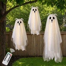 Halloween Decorations Outdoor, 3 Pack Lighted Dog Ghost Hanging Decor