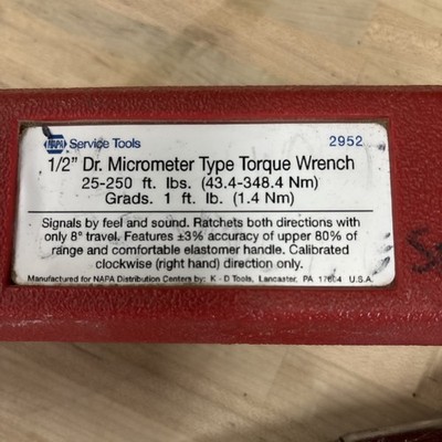 NAPA K-D Tools Torque Wrench 2952 1/2 Drive Micrometer 25-250 lbs with Case  