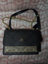 Coach Brown Beige Logo Shoulder Bag with Gold Chain Strap for Women