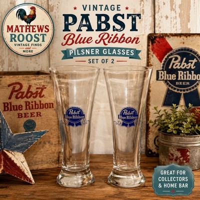 Vintage Pabst Blue Ribbon PBR Beer Pilsner Glasses Footed Barware Set of 2