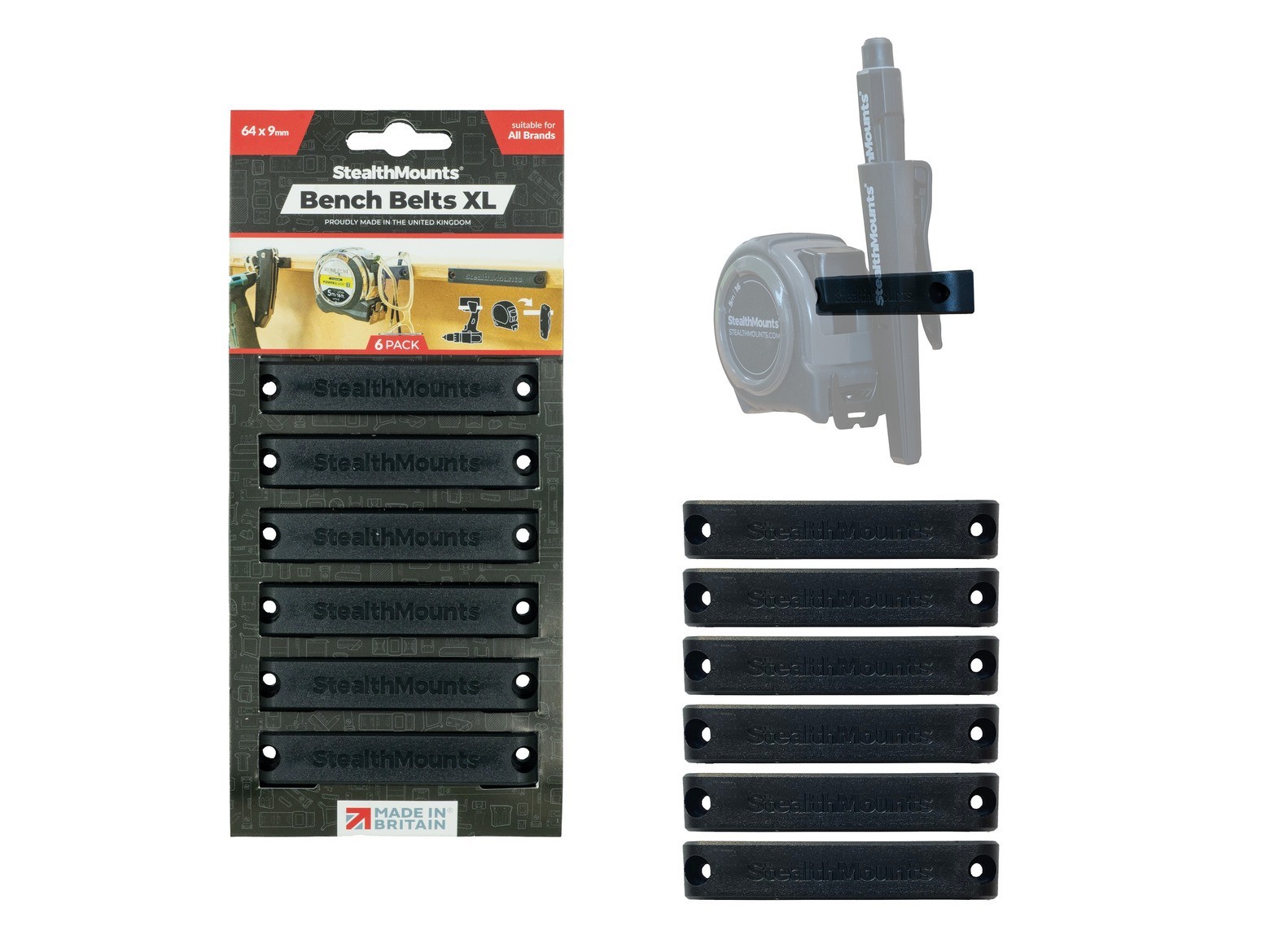 StealthMounts Bench Belts XL Tool Accessory Storage Mounts (6 Pack, BLK)
