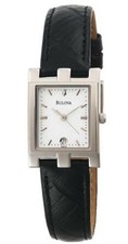Bulova 96M19 Women's Rectangular White Dial Analog Black Genuine Leather Watch