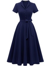 Navy Vintage Retro Prom Dress - Audrey Inspired Midi Cocktail with Sleeves & ...