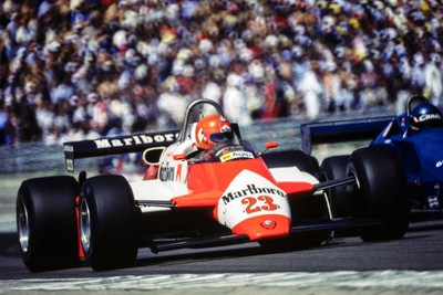 Bruno Giacomelli Alfa Romeo 182 checks his mirror for Michele Albo- Old Photo