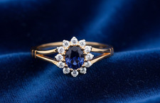 18ct Gold Sapphire Ring Oval Cluster on Sterling Silver 925 Hallmark Size K-S