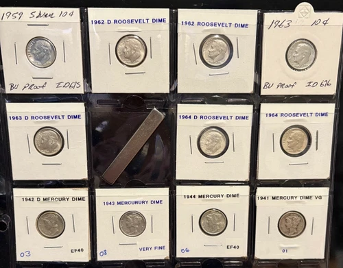 Lot Of 11 Mercury, & Roosevelt Silver Dimes BU to VF (F2)