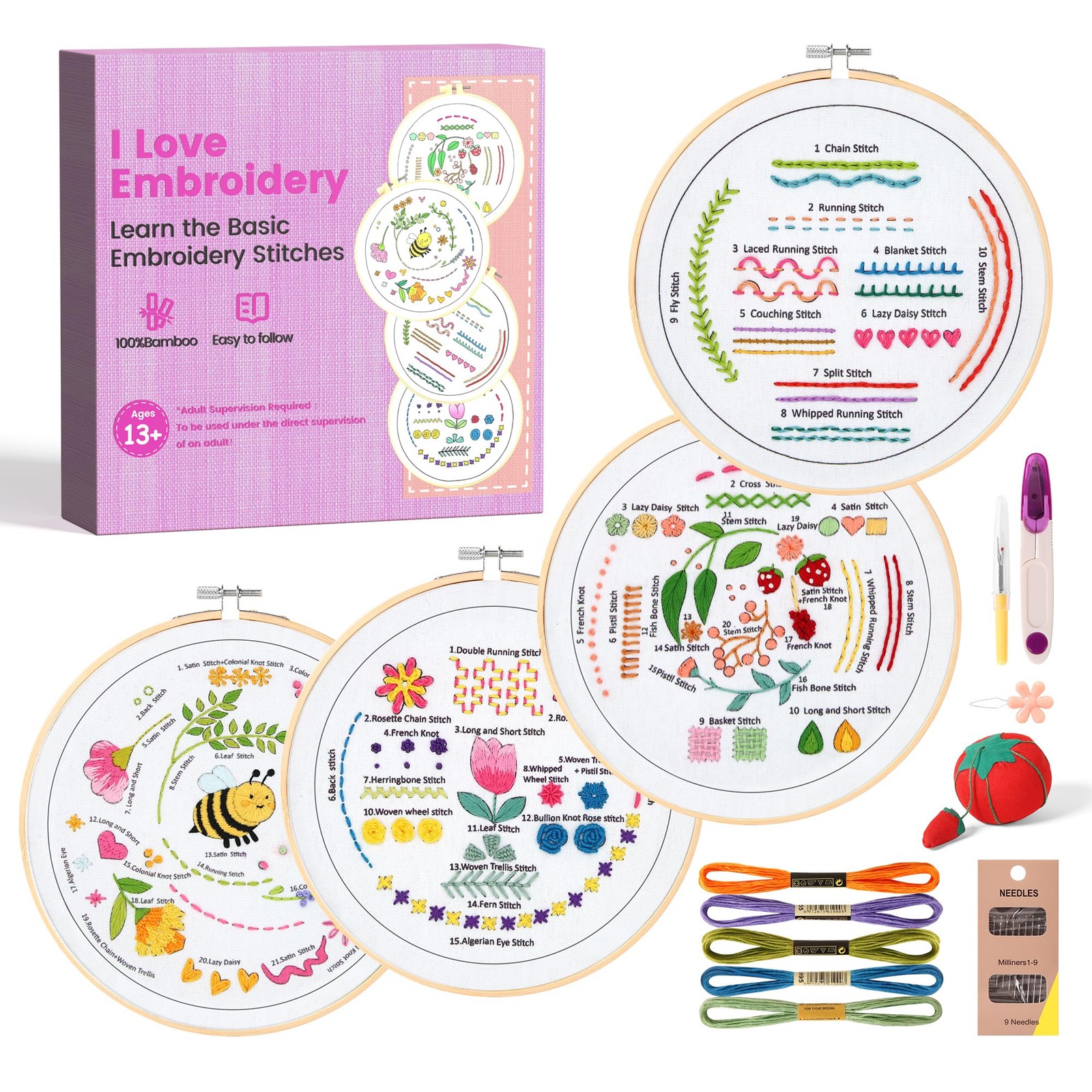 Kit broderie débutant complet contenant 4 tissus à broder et cercle bambou