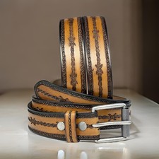 Western Belt Cowboy Rodeo Full Grain Leather Hand Tooled Removable Buckle