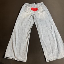 Y2K Wide Leg Jeans Heart Wing Graphic Light W...