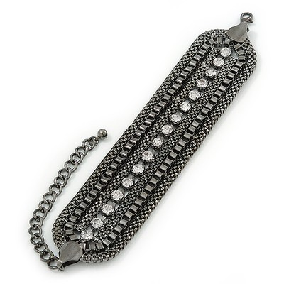 Breites strukturiertes Gun Metal Mesh Kettenarmband mit klaren Kristallen - 16 cm (8 cm