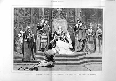 Alter antiker Druck 1877 Eröffnung Parlament Lordkanzler Königin Rede 19.