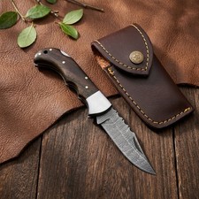 Damascus Steel Folding Pocket Knife Wood Handle EDC Outdoor Survival, 6.5 Inch