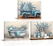 Lavender Bathroom Wall Decor Blue Flower Canvas Wall Art Rustic Bathtub Car Pain