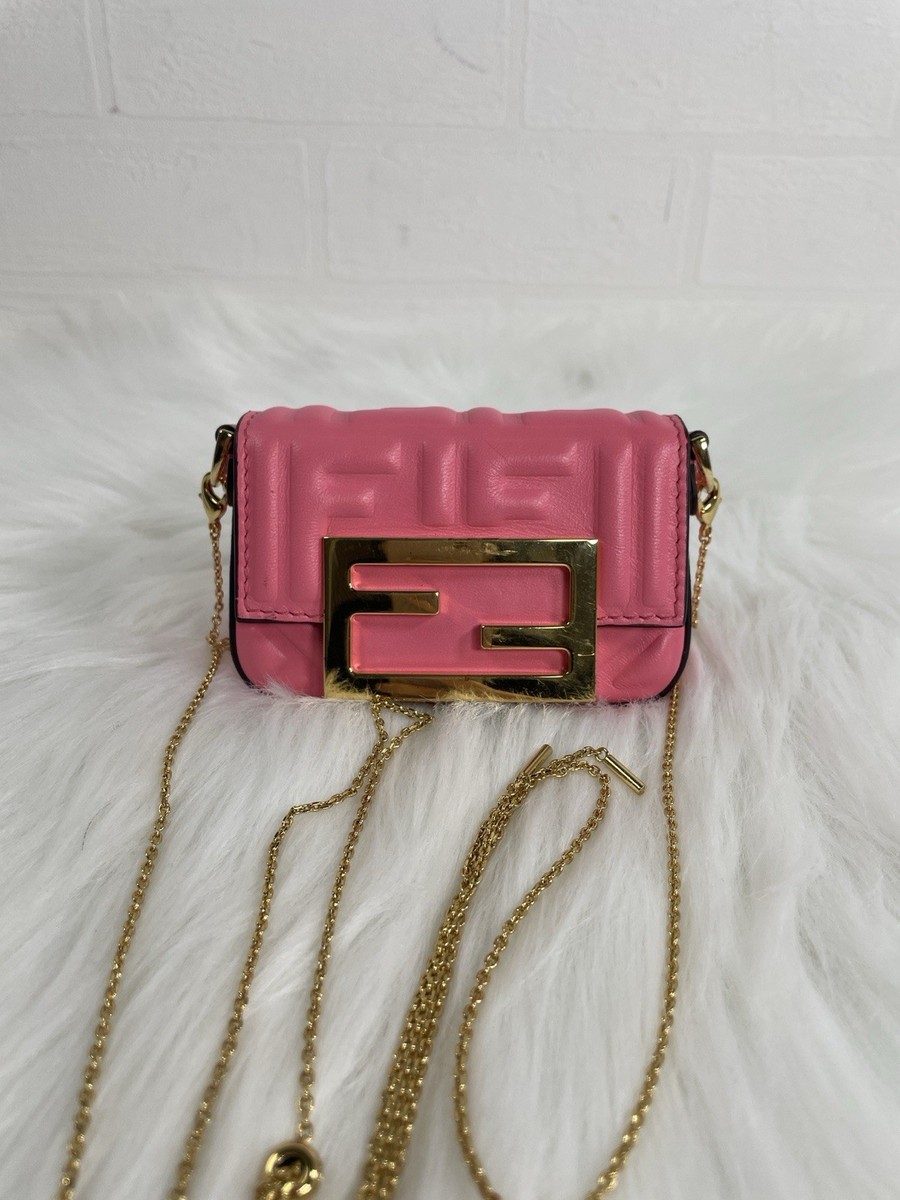 Fendi Baguette Nano Mini Bag FF Logo Pink Leather Gold Chain
