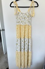 Bebop Women's Yellow Floral Gingham Tiered Smocked Maxi Dress Size XS