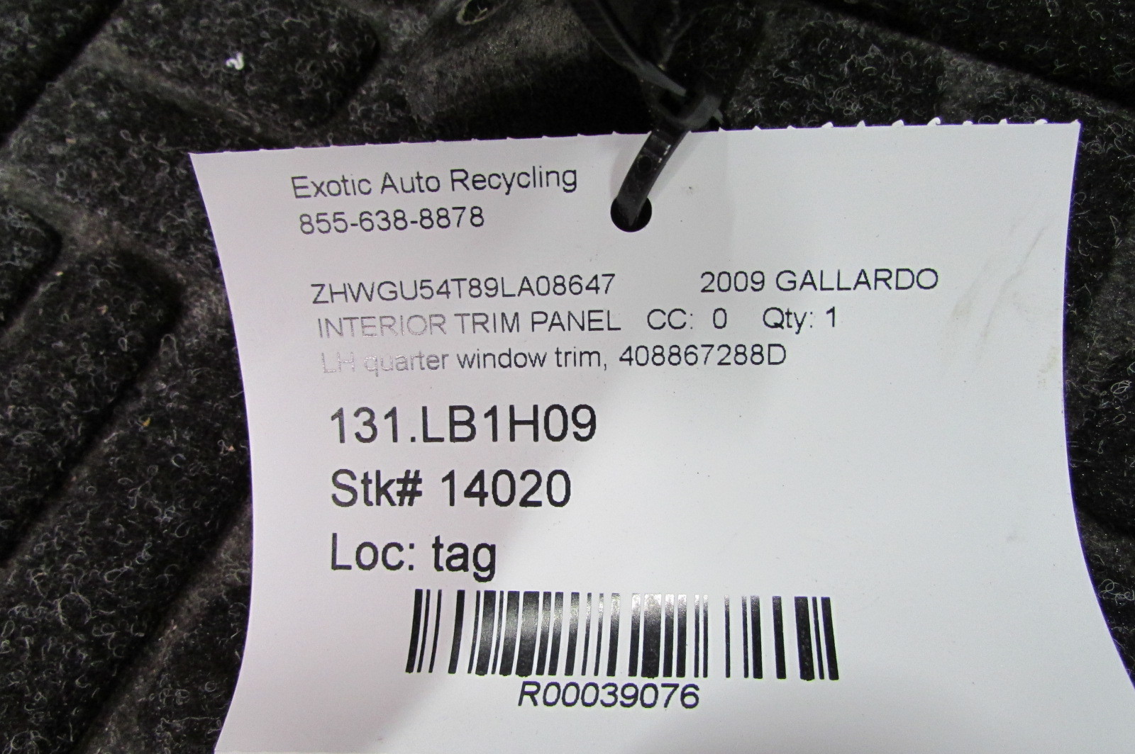 Lamborghini Gallardo, LH, Left Quarter Window Trim Panel, Used, P/N 408867288D