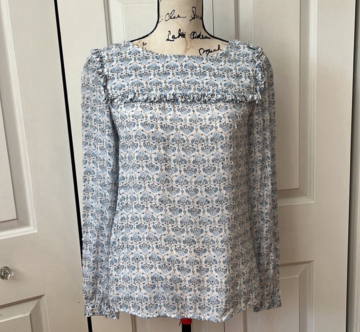 Loft size small beautiful blue patterned long sle… - image 1