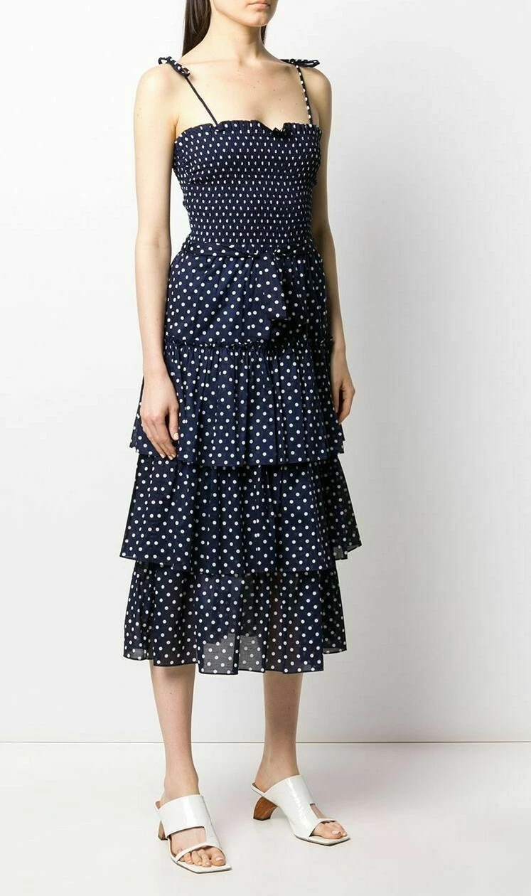 $358 NEW Tory Burch PRINTED RUFFLE DRESS Polka Dot Smocked Midi Navy White XS L