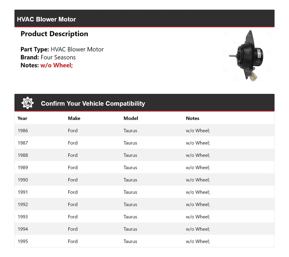 For 1986-1995 Ford Taurus HVAC Blower Motor 4 Seasons 1987 1988 1989 1990 1991 - Image 2 of 4