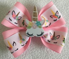 Girls Hair Bow 4" Wide Unicorn Flatback Pink Grosgrain Ribbon Alligator Clip