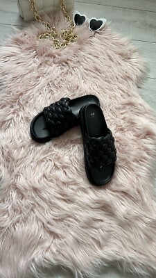 H&M BLACK FAUX LEATHER LADIES SLIPPERS SIZE UK EUR 39 PUFF TOP