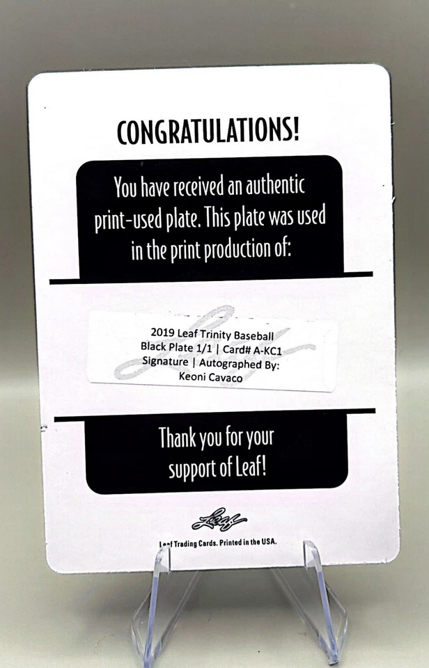 2019 Leaf Trinity Baseball Keoni Cavaco Autographed Black Printing Plate # 1/1 - Image 2 of 2
