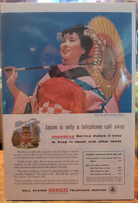 2 Vtg 1956 Bell Telephone System Overseas Service Magazine Ads. Color sleeved